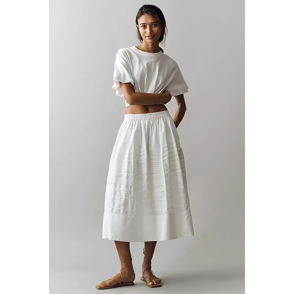 Maeve Anthropologie Women 100% Cotton Pintuck Midi Full Skirt size XL NWT White